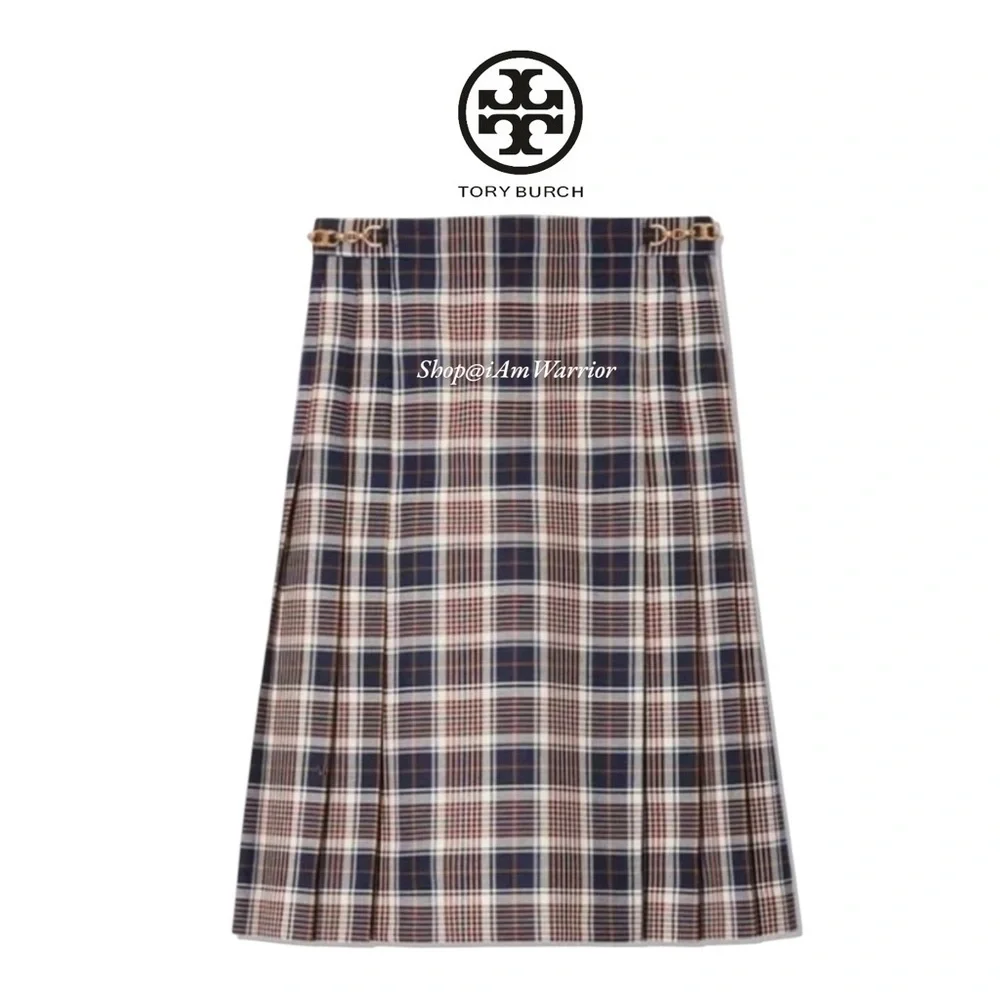 Tory Burch pleated navy, ivory & burgundy plaid skirt shop@iamwarrior